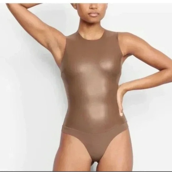 Skims Brown Faux Leather Sleeveless Bodysuit Jasper NWT - Picture 1 of 8